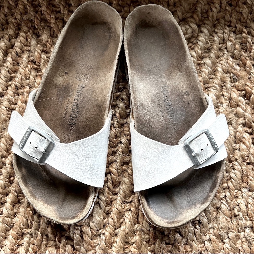 Birkenstock Madrid white slide single buckle sandals
